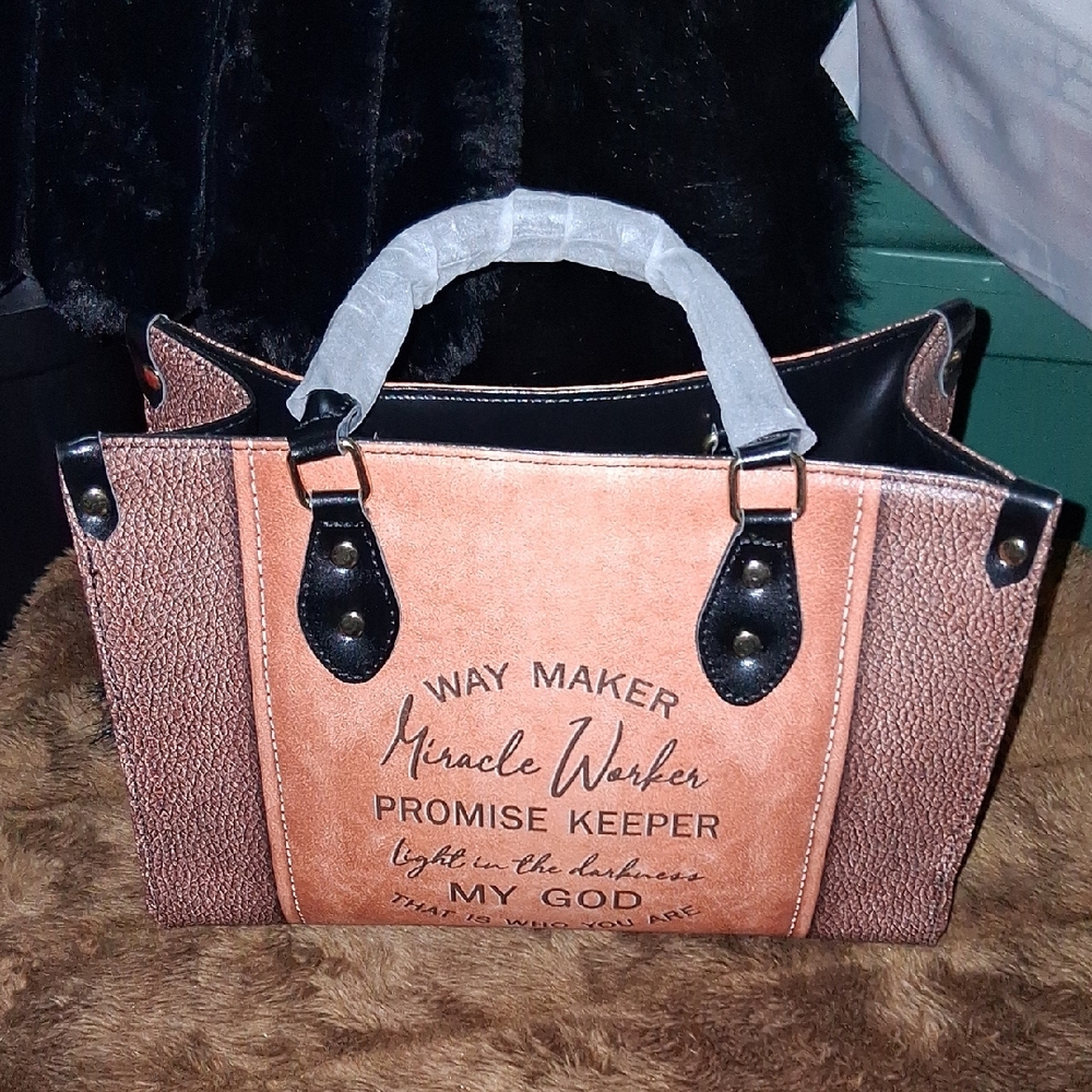 Brown and Tan Handbag with Inspirational Text